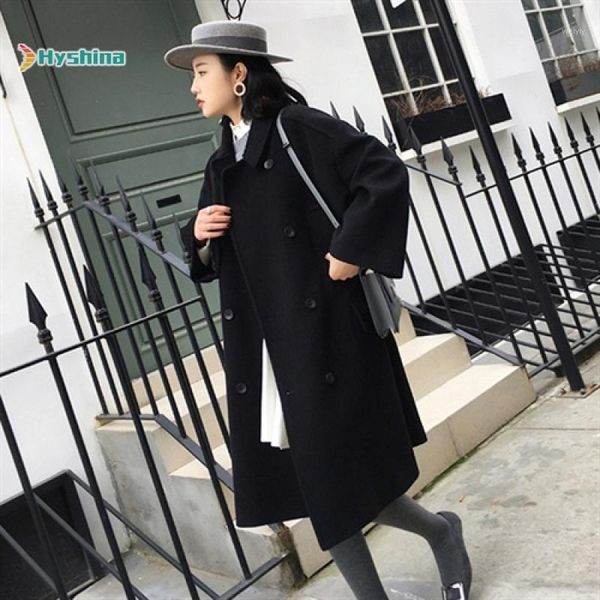 

women's woolen coat long new cloak spring and autumn fashion black woolen coat1