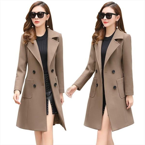 

2019 new autumn winter woolen women jacket coat long slim blend outerwear female ladies wool coats jacket overcoat, Black