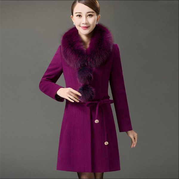 

faux fur collar women thicken autumn and winter blends coat wool solid color with belt overcoat casaco feminine coats a2505, Black