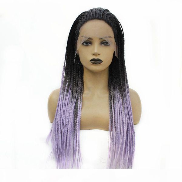 

lace front braided wig dark roots ombre light purple long box braids heat resistant synthetic wigs for women, Black
