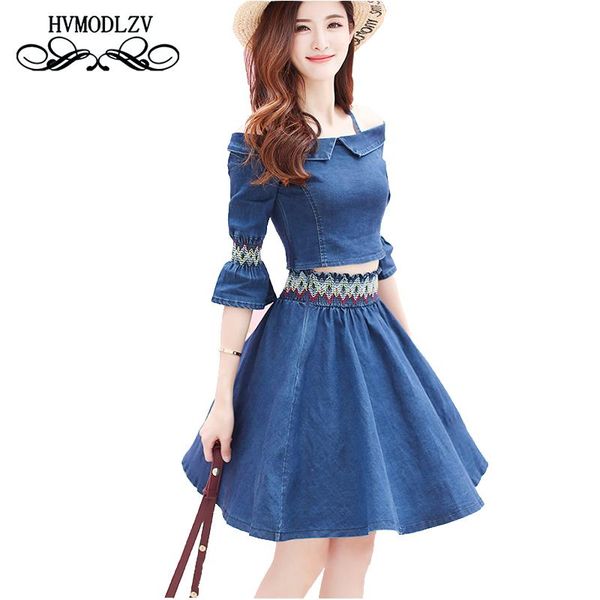 

2020 new spring summer harness denim dress women two-piece suit fashion cowboy slim a word dress sling embroidery vestidos lj547, Black;gray