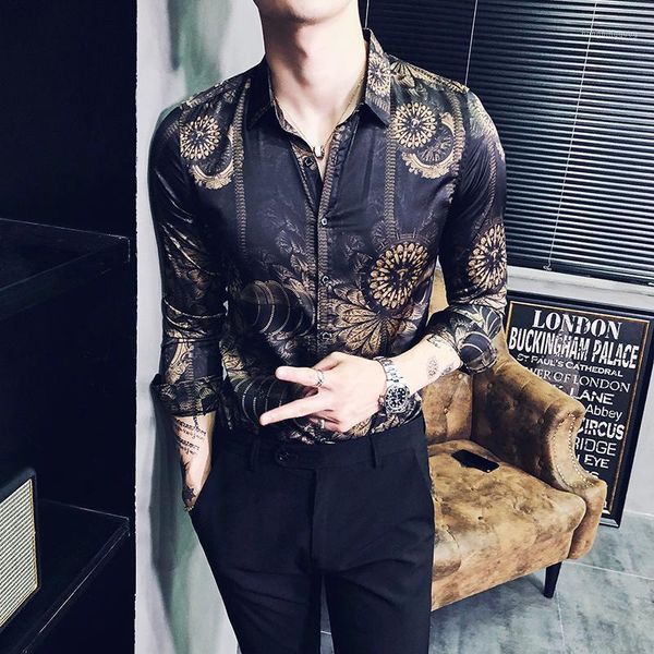 

new mens shirts luxury allover printing long sleeve men dress shirts camisa masculina -3xl fashion slim fit party male1, White;black