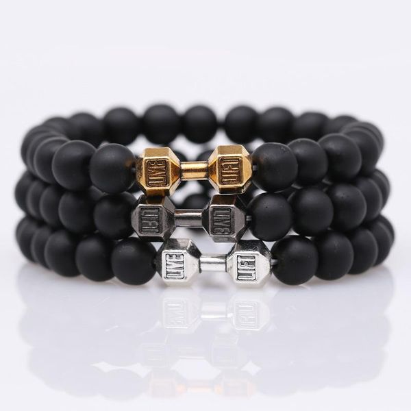 

trend fitness dumbbell men's bracelet frosted stone beads couple bracelet wild small dumbbell beaded jewelry, Black