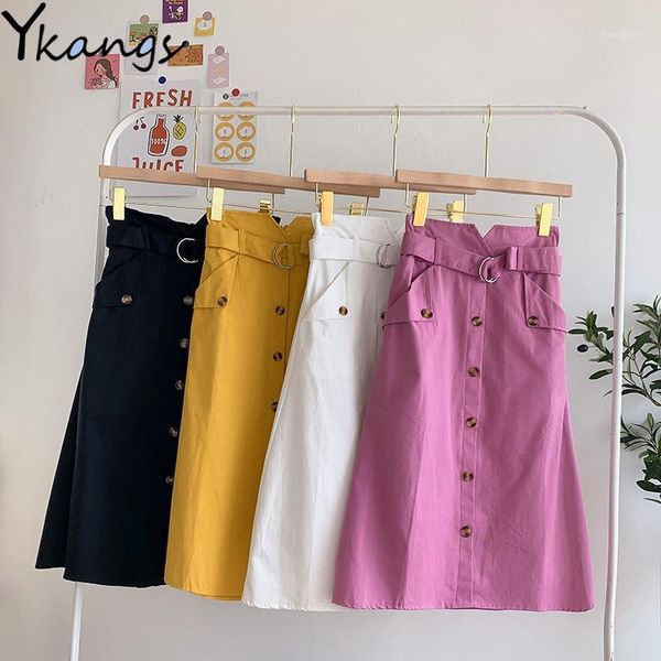 

simple candy colors high waist women a-line skirt vintage with belt pleated midi skirts single-breasted double pockets skirts1, Black