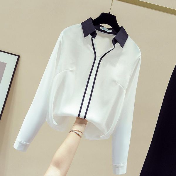 

office ladies elegant simple shirt women long-sleeved autumn new v-neck hit color blouse mid-length pullover chiffon shirt, White