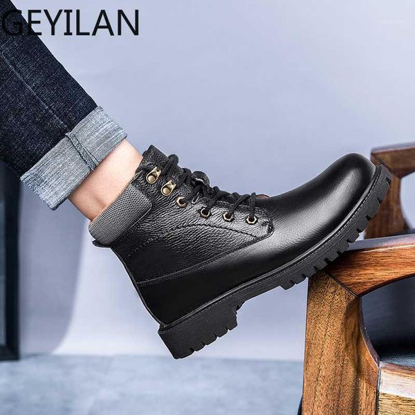 

winter men boots genuine leather lace-up men warm motorcycle boots plush snow zapatos de hombre with fur ankle o41, Black