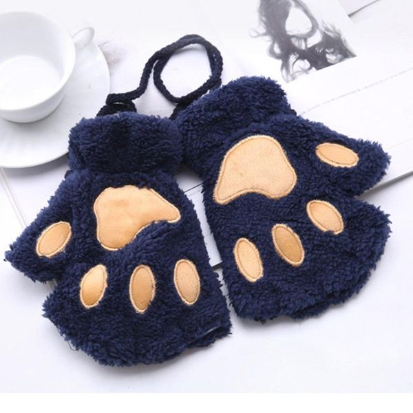 

five fingers gloves 1pair women girls lovely winter warm fingerless fluffy bear cat plush claw half finger mitten, Blue;gray