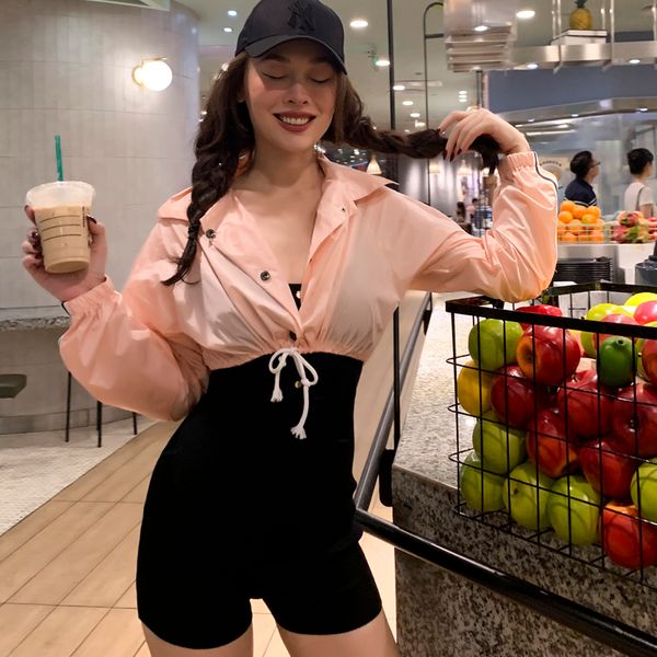

2021 new fall thin joker fashion 2 color string short hoodies tall solid street women clothes 2p4a, Black