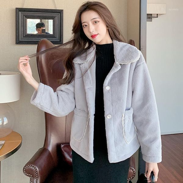 

lucyever winter thick warm women's coats imitation lamb fur coat womens preppy style turn down collar sweet lace female1, Black
