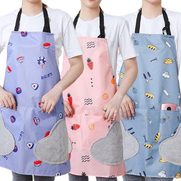 

waterproof oil erasable kitchen apron with pocket hand wiping quilt cute cartoon fruit bread printed household chef bib cooking1