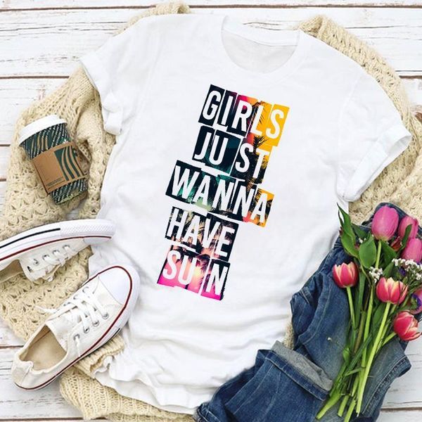 

women graphic beach girl vacation printed cute fashion print summer t-shirt lady womens clothing clothes tee female t shirt, White