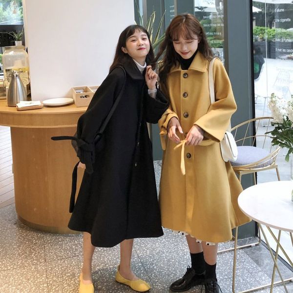 

women woolen outerwear blended wool coat autumn winter single-breasted long windbreaker basic section ladies elegant overcoat, Black