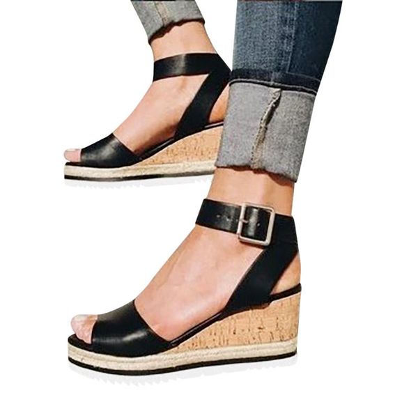 

women girls platform wedges shoes retro sandals 2021 summer fashion open toe ankle ladies roman sandals casual heels shoes, Black