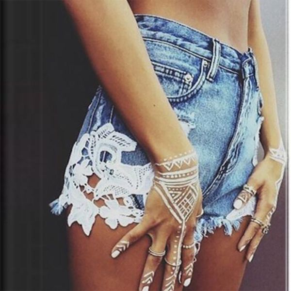 

women's jeans denim shorts high waist lace ripped for women, Blue