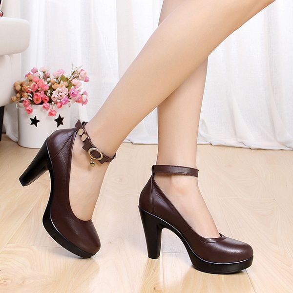 

women genuine leather shoes white black block heels platform shoes women high heels ankle strap for ladies office work shoes new t200525