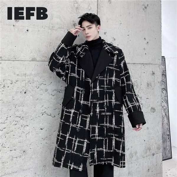 

iefb color block folded cuff overcoat for men 2020 streetwear oversized autumn winter woolen coat black line pattern cloth y4408