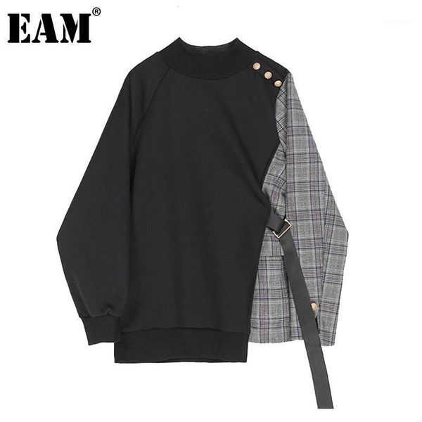 

eam] loose black plaid ribbon irregular sweatshirt new round neck long sleeve women big size fashion spring autumn 2020 1z2611
