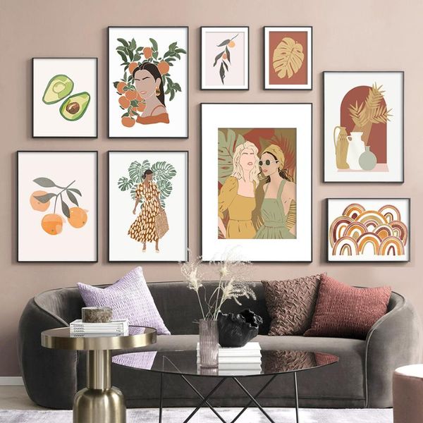 

paintings avocado orange fashion woman monstera wall art canvas painting nordic poster and prints pictures for living room home decor