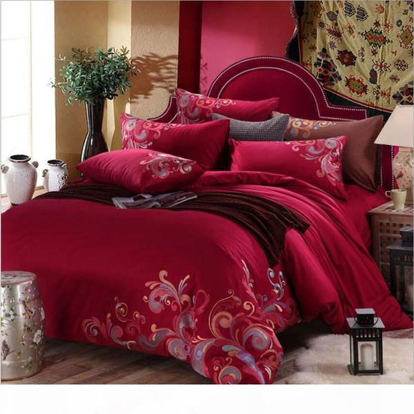 

tribute silk embroidered bedding set luxury 100% cotton 4pcs boho bedclothes wedding duvet cover bed sheet king  size