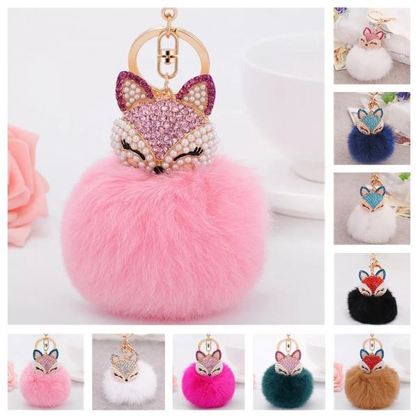 

fashion diamond-studded fox head rabbit fur ball alloy keychain fashion bag ornaments wholesale car accessories pendant, Silver