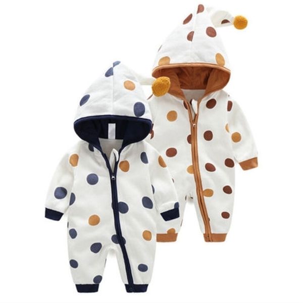 

newborn boys girls 0-24m zipper hooded romper long sleeves jumpsuit polka dot warm outfits winter autumn cute clothes 201030, Blue