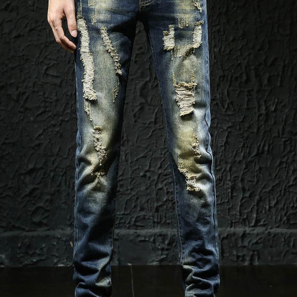 

cross-border supply hole men straight cultivate morality men's jeans, Blue
