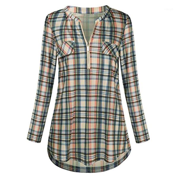 

fashion womens and blouses zipped plaid casual vintage blouse v-neck full sleeve 2020 autumn trendy shirts1, White