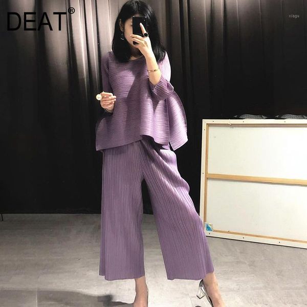 

deat 2020 new summer fashion women clothes round neck sleeveless pullover dress and wide pleated legs pantes vintage set at4271, White