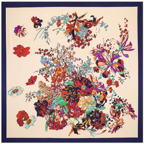 

wholesale-100cm*100cm 100% twill silk euro spring rose flowers print women square scarf femal muslim headscarf shawl 3113, Blue;gray