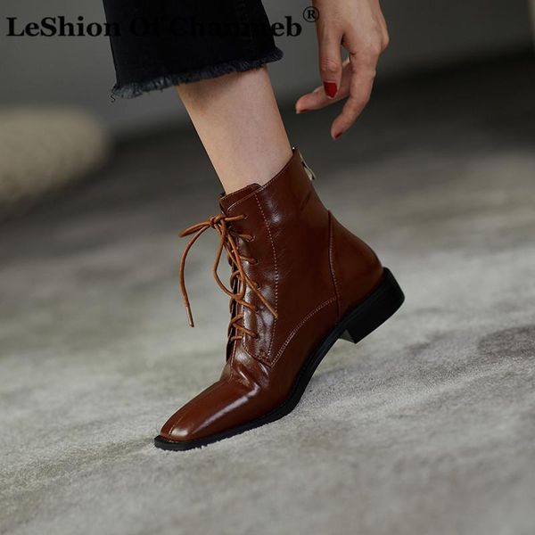 

boots large size 34-43 natural cow leather women zipper lace up square toe flat biker woman autumn winter shoes ladies, Black