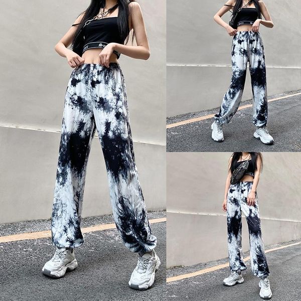 

women's fashion personality tie-dye print bouquet feet thin casual pants black, Black;white