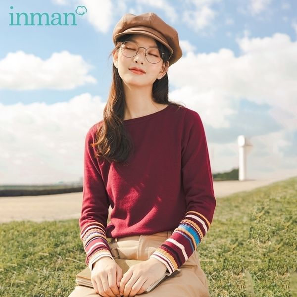 

inman autumn winter new arrival ribbed round neck all-match hit color striped long sleeve pullover slim fit sweater for 201130, White;black