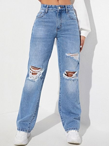 

bleach wash ripped frayed straight leg jeans y6ce#, Blue