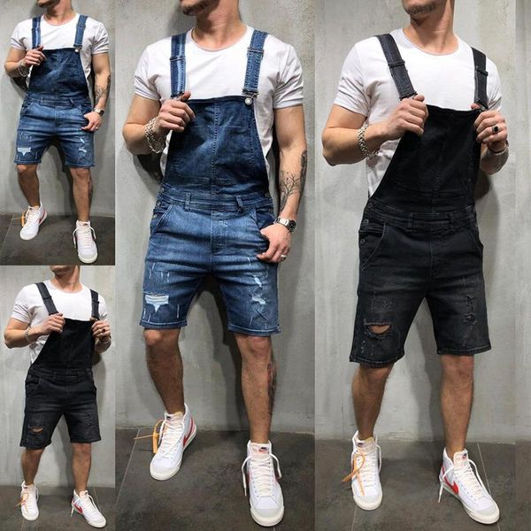 

men's jeans summer denim overalls short knee length ripped loose fashion shorts jumpsuit men casual, Blue