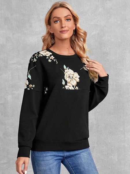 

emery rose floral print round neck pullover o1ci#, White;black