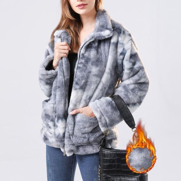 

women tie-dye faux fur fluffy coat teddy bear jacket ladies winter warm outwear ladies winter faux fur plush color tie-dye long1, Black;brown