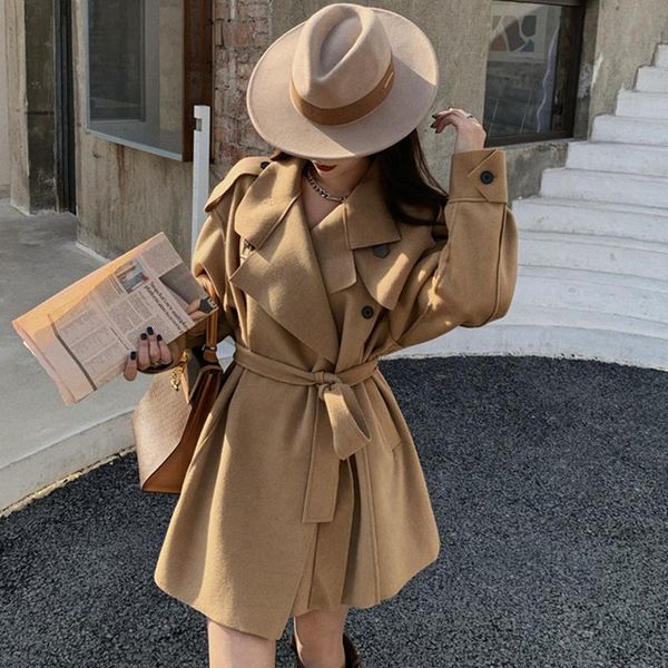 

women's trench coats 2021 spring women khaki woolen windbreaker with belt full sleeve oversize coat lady outwear stylish outfits c0n001, Tan;black
