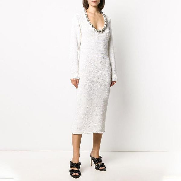

casual dresses msxu 2021 autumn and winter women's fashion temperament simple big round neck stitching chain solid color long knitted w, Black;gray