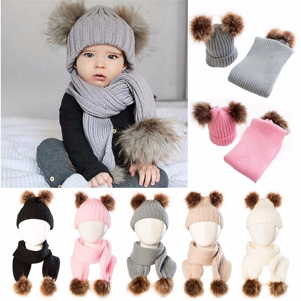 

puseky winter infant toddler baby boys girls fur pom pom ball knit warm beanie cap ski hat+scarf warm crochet headgear set y201024, Blue;gray