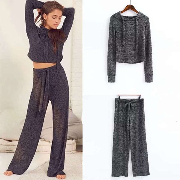 

autumn hooded women's short spring and sweater + loose lace up wide leg pants sports casual suit, Gray