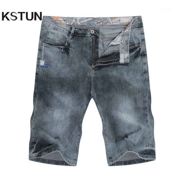 

kstun jeans shorts mens grey jeans stretch slim straight vintage casaul pants summer denim shorts male brand1, Blue
