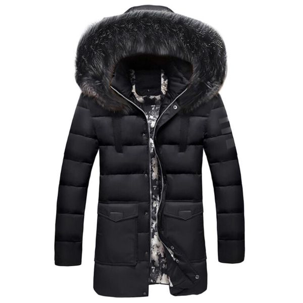 

vogue tide thick jacket men winter medium length zipper thickened hat removable cotton outwear coat man winter parkas, Black