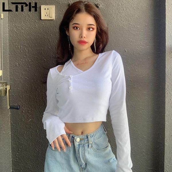 

2020 осень новый приход поддельных два дизайна вершина кнопки без бретелек асимметричного полной рукава футболки сплошного цвета случайных ж, White