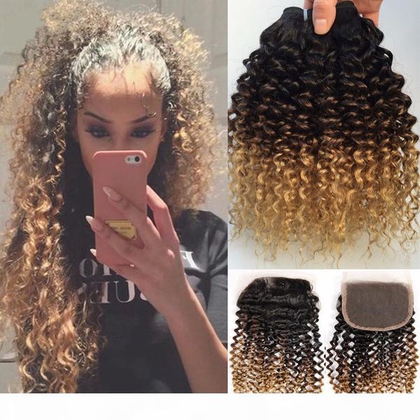 

1b 4 27 honey blonde ombre brazilian human hair weaves with lace closure deep curly wave three tone 3bundles with closure 4pcs lot, Black;brown