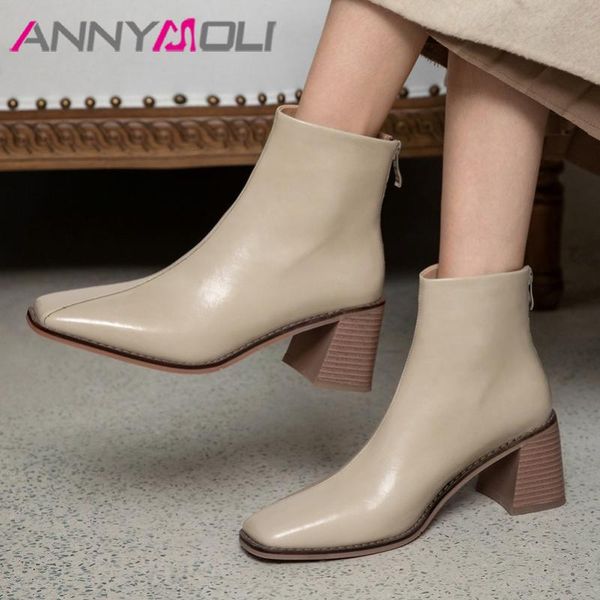 

boots annymoli genuine leather high heel short women shoes square toe zip block heels ankle lady autumn winter black 33-40