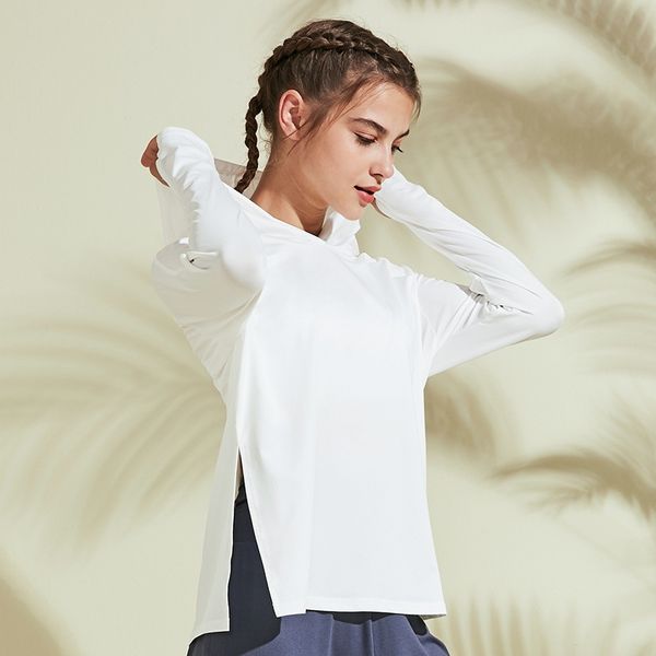 

hooded side split sport crop yoga fitness women blouse long sleeve gym t shirt sports running tshirt workout sweater, White;red