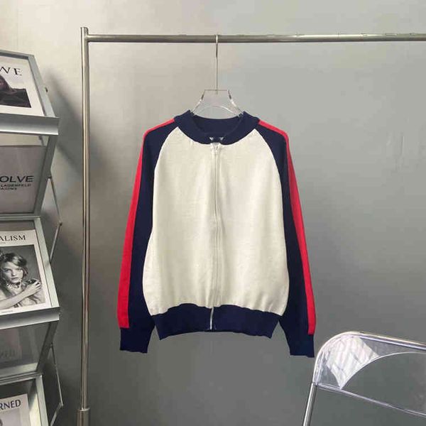 

early autumn baseball red and blue contrast sleeves aging fashion knitted cardigan jacket women, White