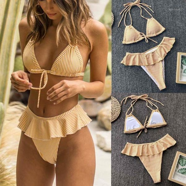 

bikinis set brazilian ruffles women swimsuit padded swimwear halter bikini push up beach striped bathing suit swimming s-l1