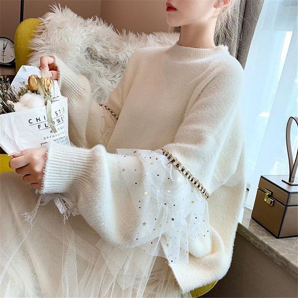 

2021 new solto pillovers fuzzy novas mulheres em torno do pescoo oversized camisola vison veludo malha lantejoulas grosso senhoras moda imch, White;black