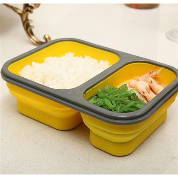 900 ml Silikon zusammenklappbare tragbare Lunchbox Lebensmittelaufbewahrungsbehälter 2 Zellenschüssel Bento-Boxen Faltende Lunchbox umweltfreundlich 201209